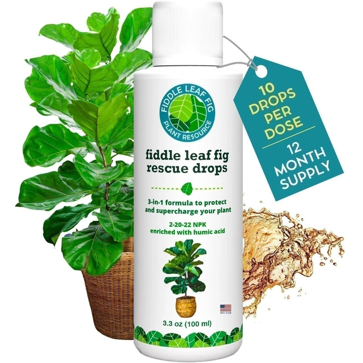 Fiddle Leaf Fig Rescue Drops 100ml - 3-in-1 Fertilizer & Boost for Ficus lyrata - Root & Immunity Support for Healthy Plants