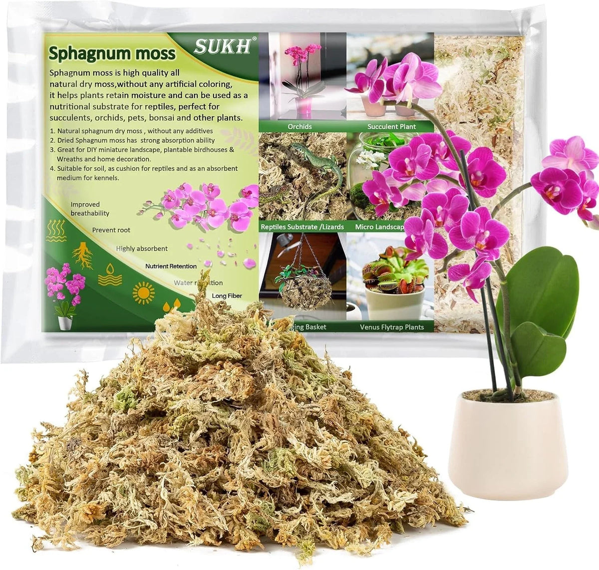 4oz Sphagnum Moss for Plants - Natural Dried Long-Fibered Sphagnum Peat Moss - Sphagnum spp. for Terrariums & Gardening