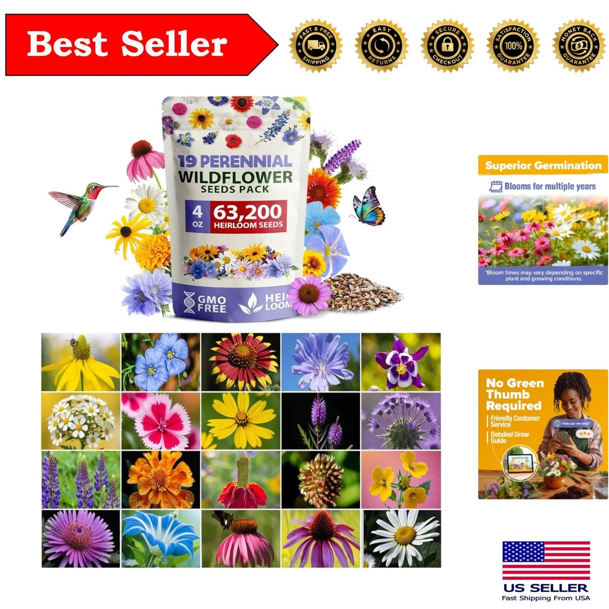 Wildflower Seeds 4oz Non-GMO Perennial Mix for Pollinators, Attract Bees & Butterflies, Various Echinacea & Rudbeckia