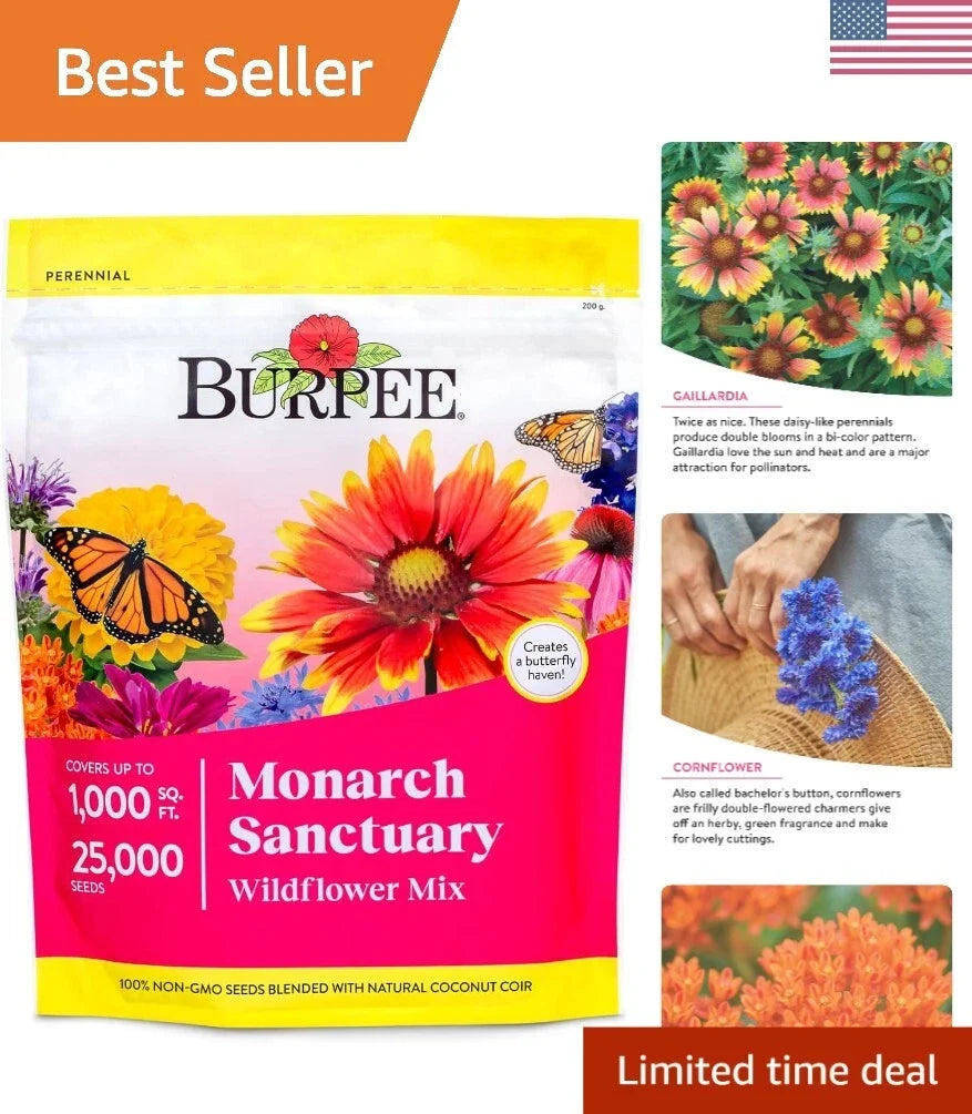 Wildflower Seed Mix 25,000 Seeds Monarch Sanctuary Pollinator-Friendly Mix (Various) for Butterfly Gardens