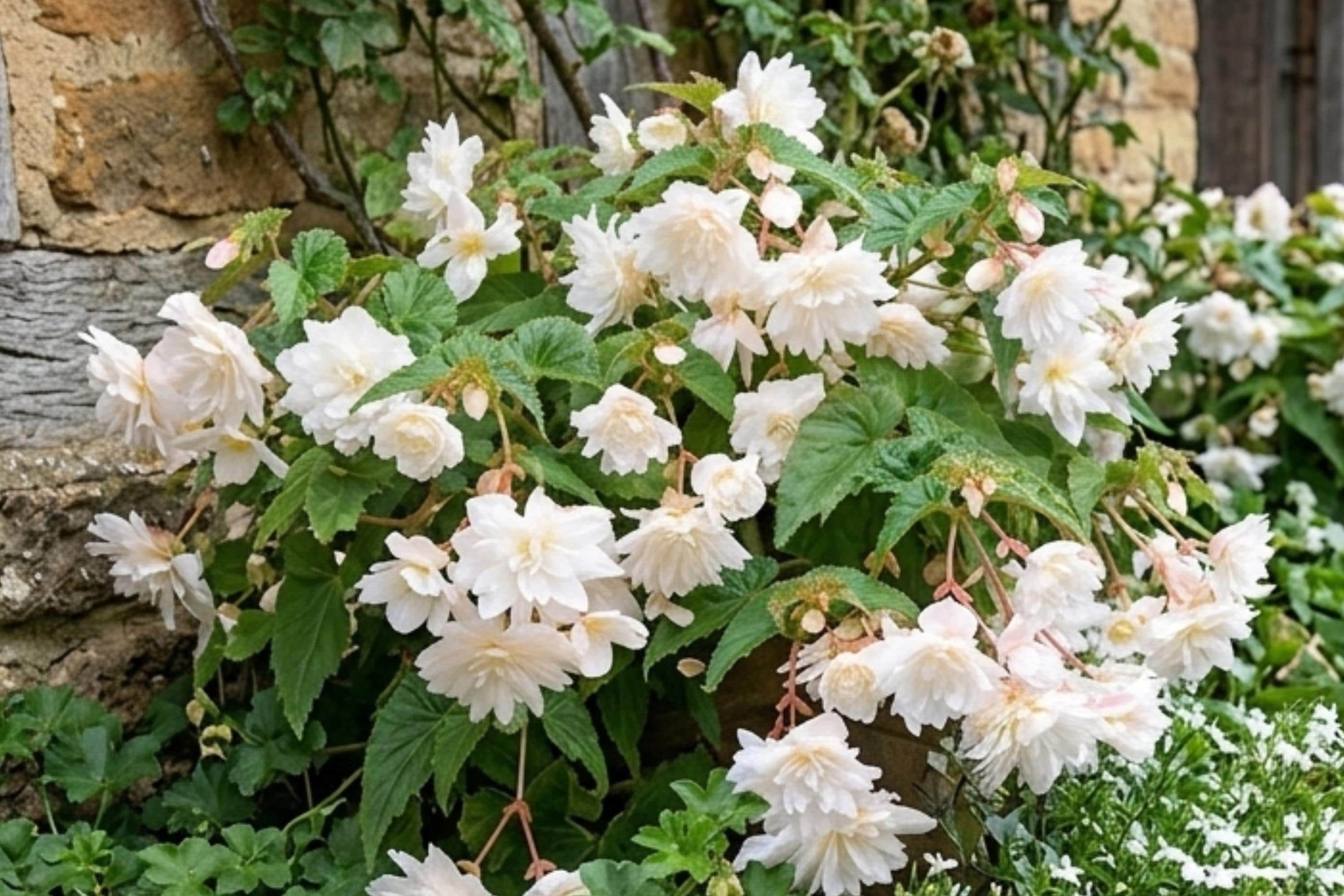 White Double Hanging Basket Begonia Bulbs – Cascading Flowers for Gardens & Containers – Begonia x tuberhybrida