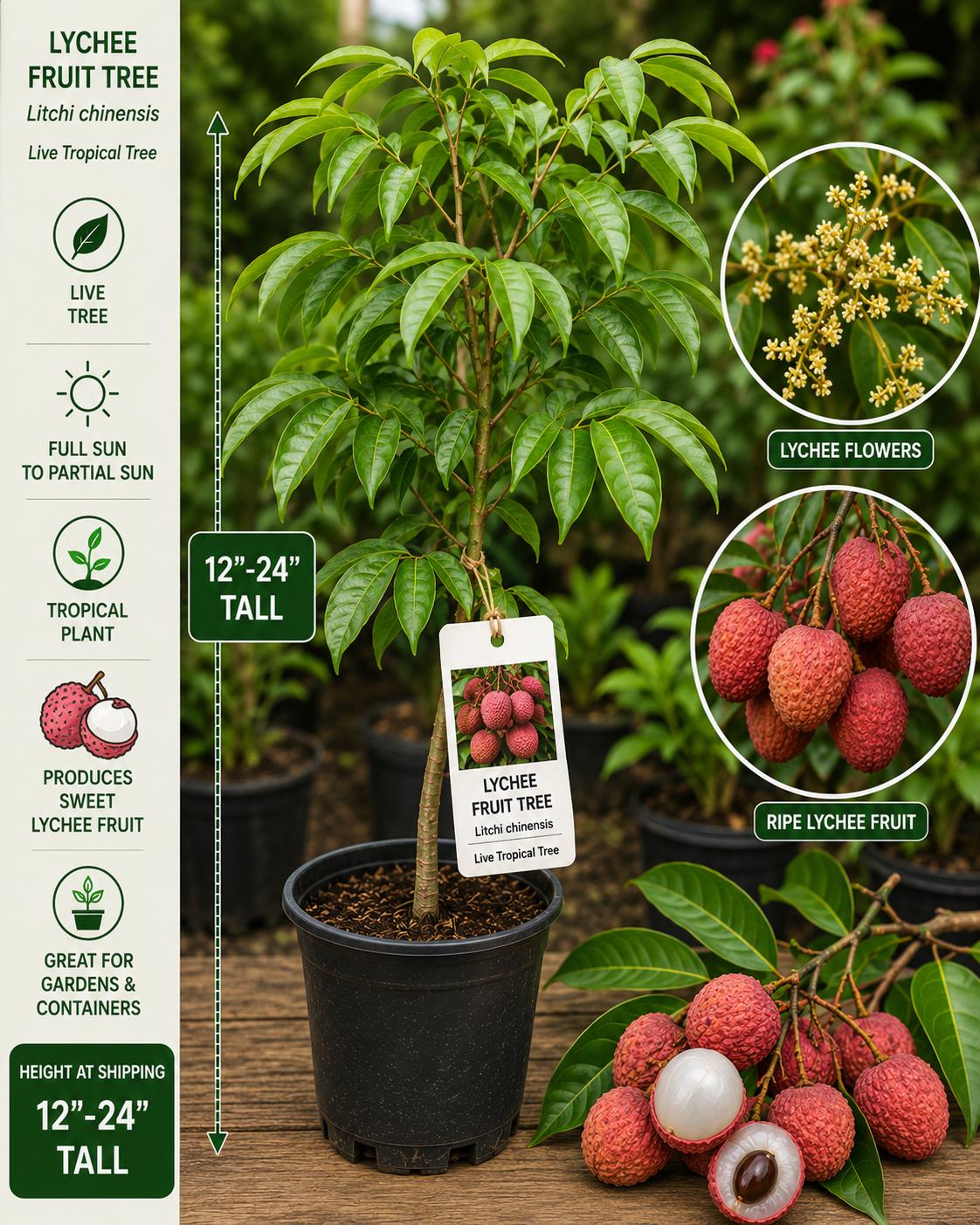 Lychee Live Fruit Tree – 12–24 Inch Litchi chinensis Tropical Edible Landscape Plant