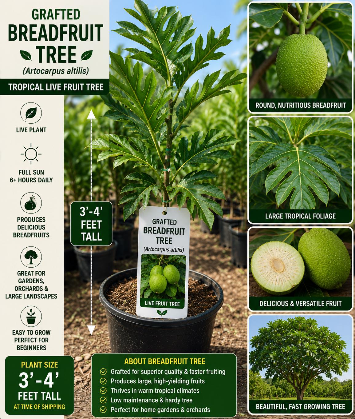 Grafted Breadfruit Tree – 3–4 Feet Tall – Artocarpus altilis – Tropical Fruit Tree for Edible Gardens