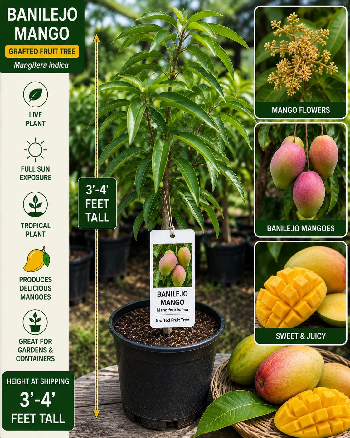 Grafted Banilejo Mango Tree 3–4 Feet Tall – Mangifera indica Tropical Fruit Tree for Backyard Orchard & Edible Landscape