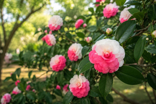 April Dawn Camellia Japonica Live Starter Plant – Bicolor Flowers, Evergreen Shrub for Gardens & Landscaping