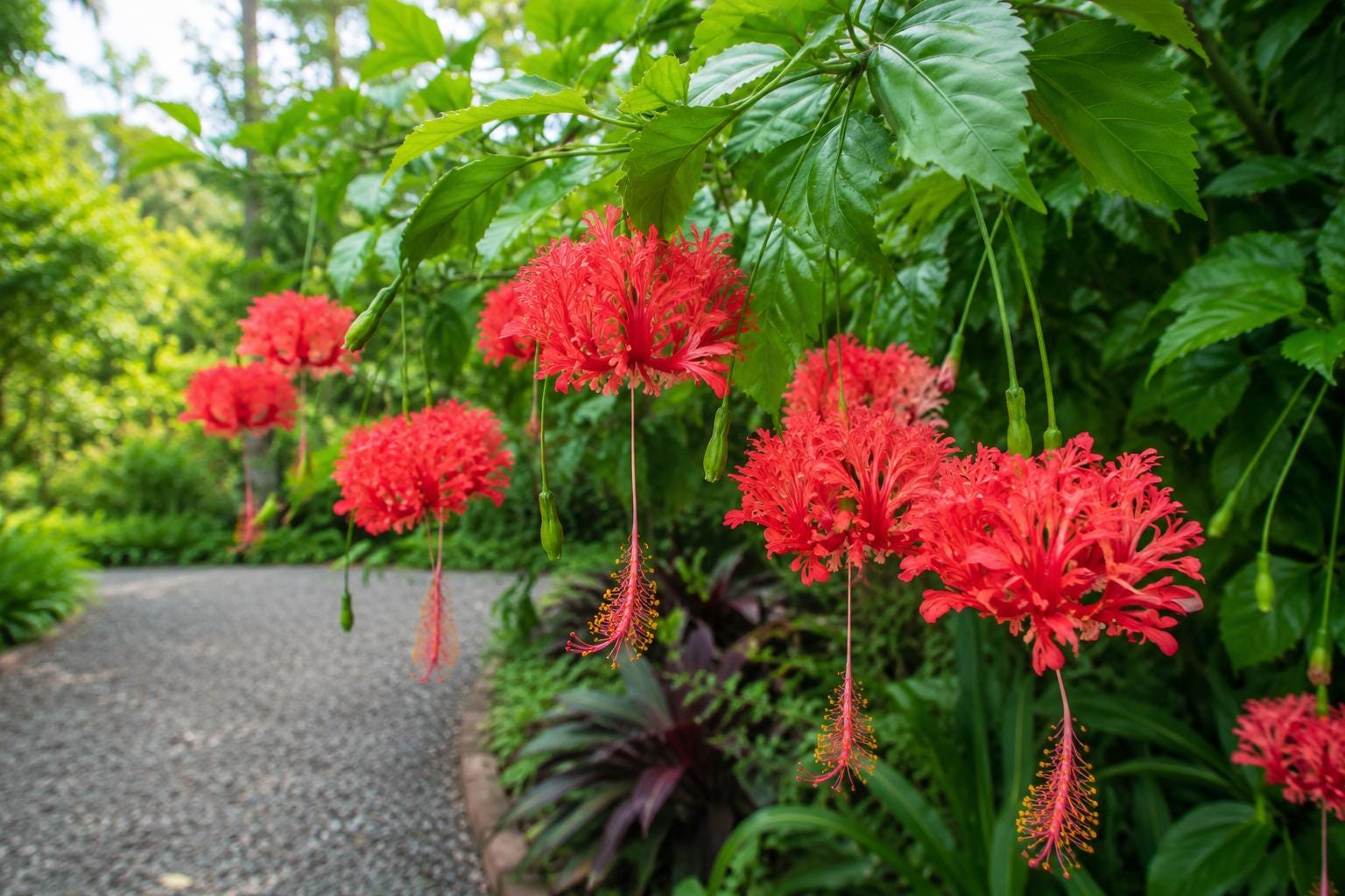 Rooted Chinese Lantern Hibiscus Starter Plant - Hibiscus schizopetalus, Fringed Petals, Potted, Exotic Garden Plant