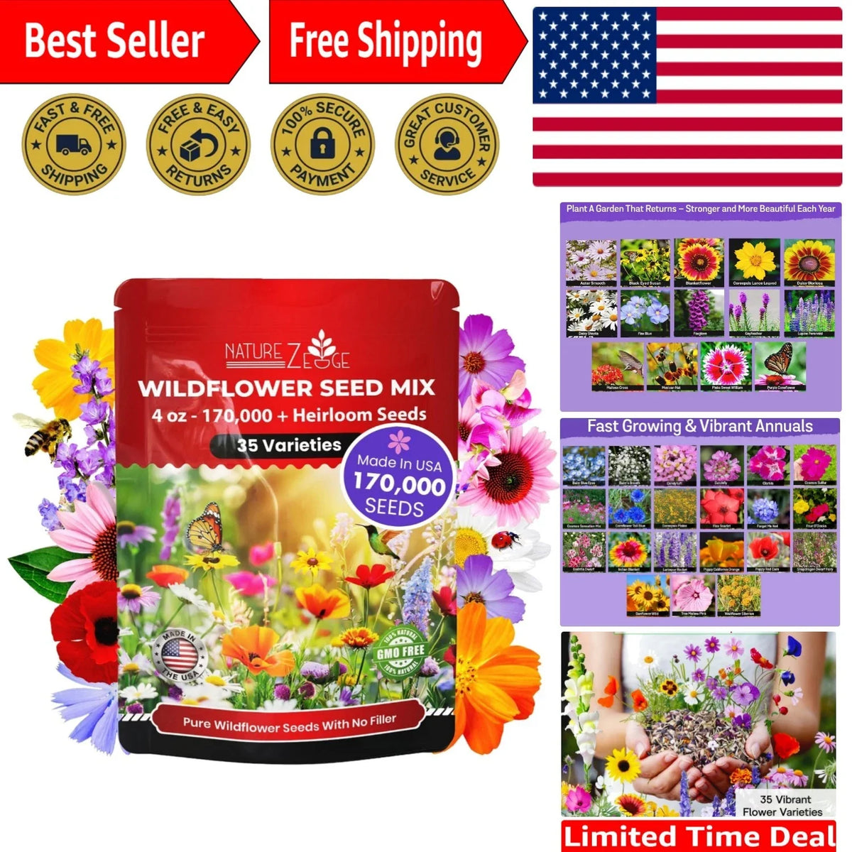 Wildflower Seed Mix - 170,000 Seeds, 35 Varieties, Non-GMO, Native Plant Seeds for Vibrant Gardens, Various Species