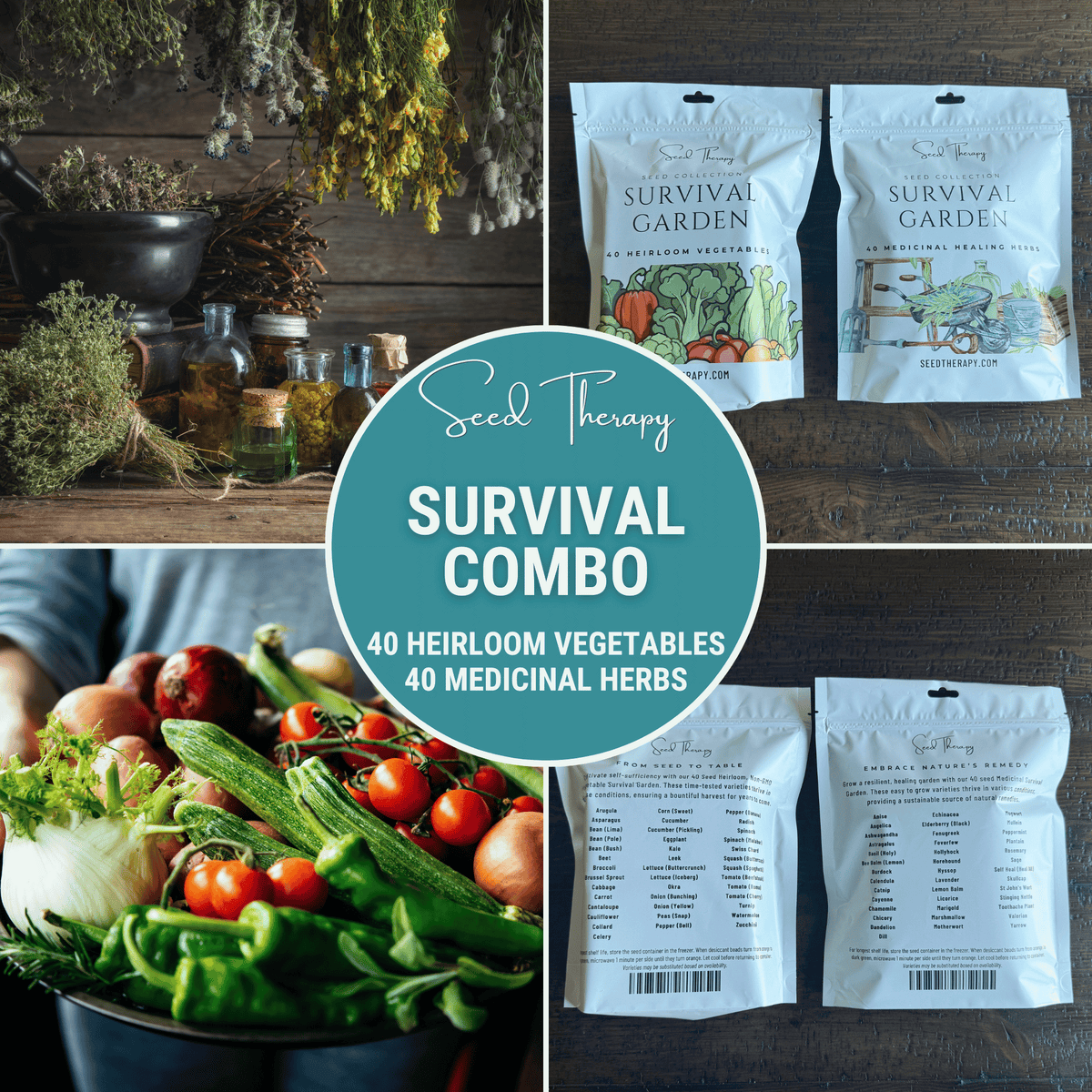 Survival Garden Combo Kit - 40 Vegetable & 40 Medicinal Herb Varieties - Organic Seed Collection for Home Gardening